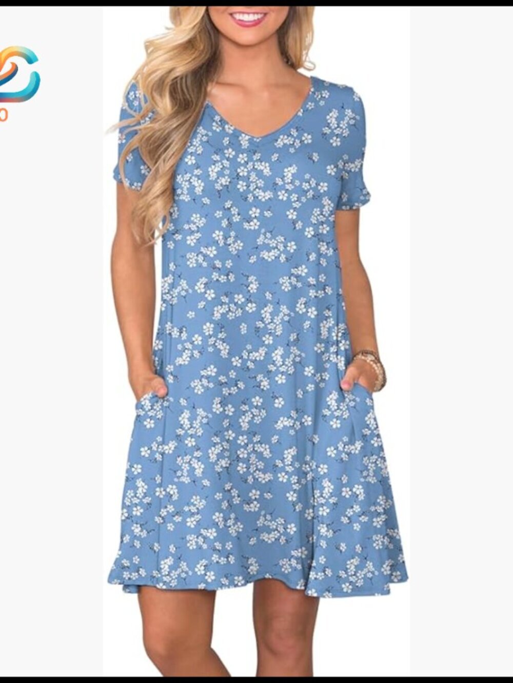 Knee-Length Swing Dress with Pockets, Short Sleeve, Loose Fit